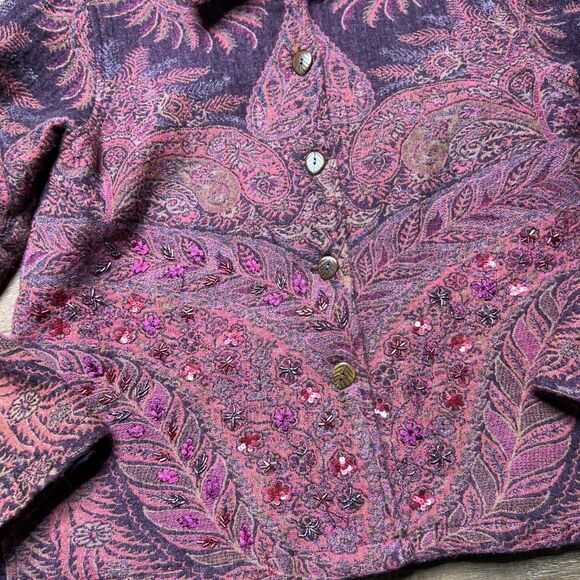 Coldwater Creek Wool Beaded Jacket Womens Large Purple Floral India Wood Buttons - Picture 2 of 9